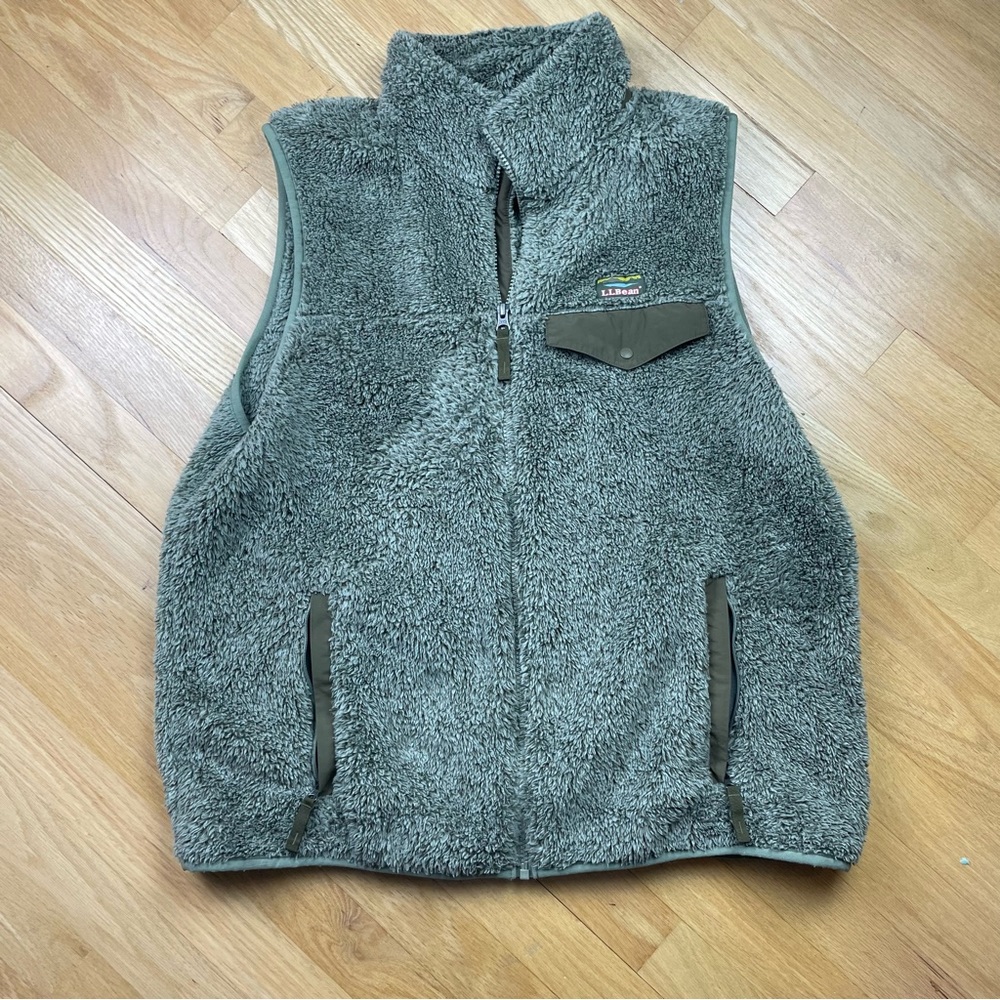 L.L Bean Mens Mountain Pile Sherpa Fleece Vest Size L Olive Green Full Zip